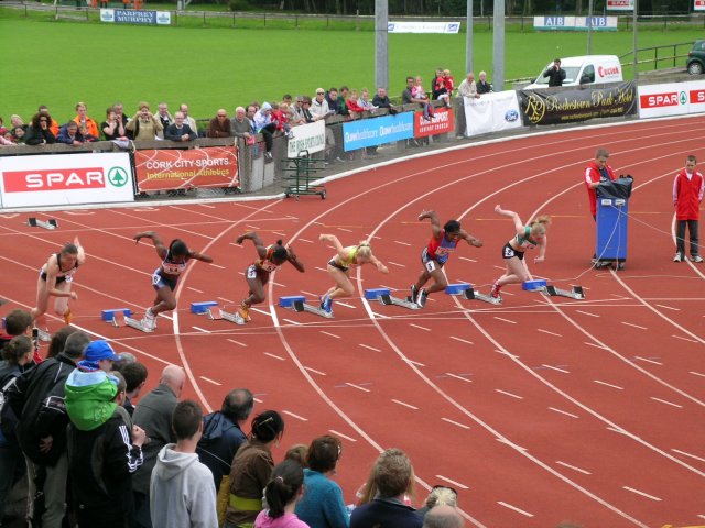 Derval O'Rourke gets away to a poor start in the 100m hurdles.